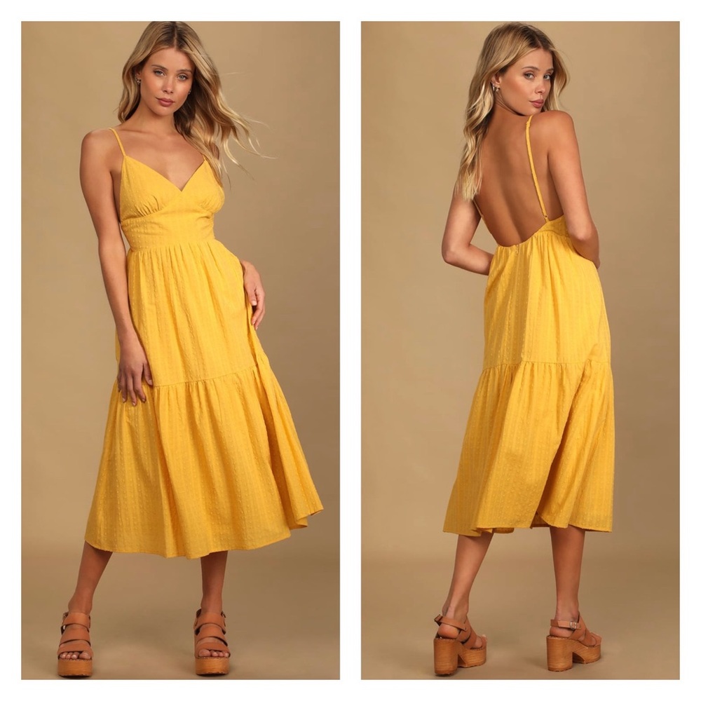 LULU’S Happy Times Mustard Yellow Tiered Midi Dress XS